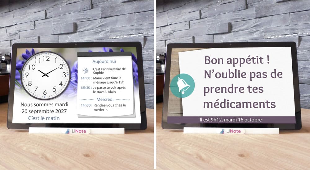 Tablette pour personne âgée Linote avec fonctionnalité horloge.