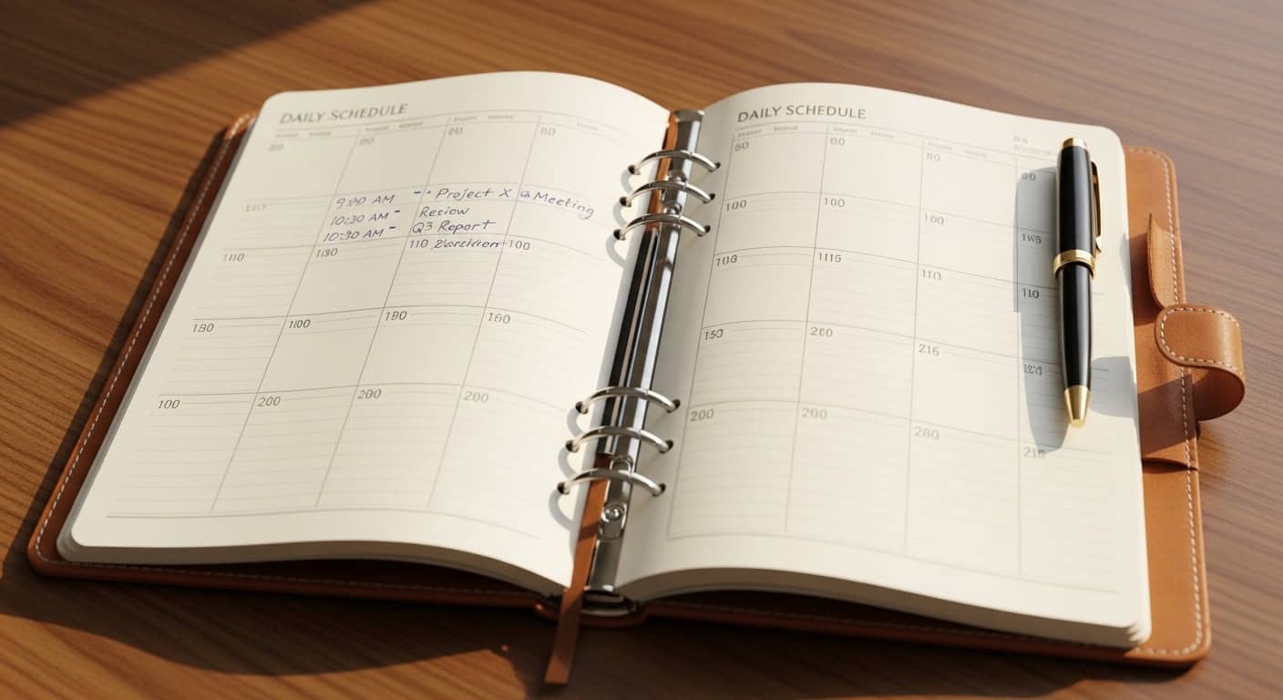 agenda journalier page par jour ouvert sur un bureau