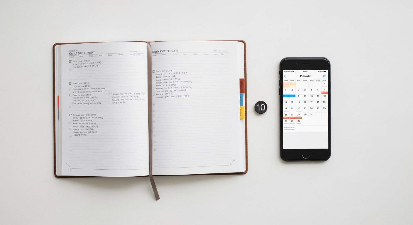 comparaison agenda papier et agenda numérique sur un bureau