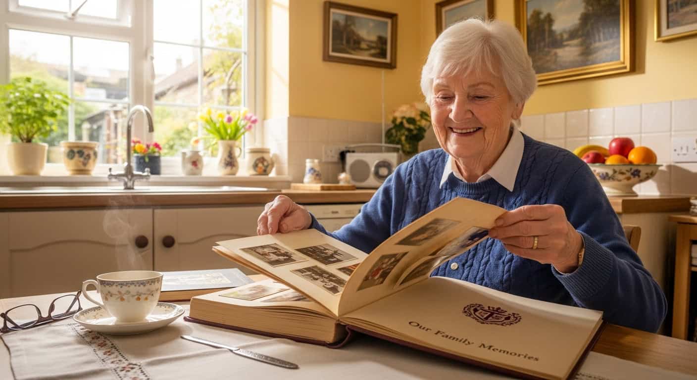 grand-mère feuilletant un livre photo de famille - cadeau original fête des grand-mères
