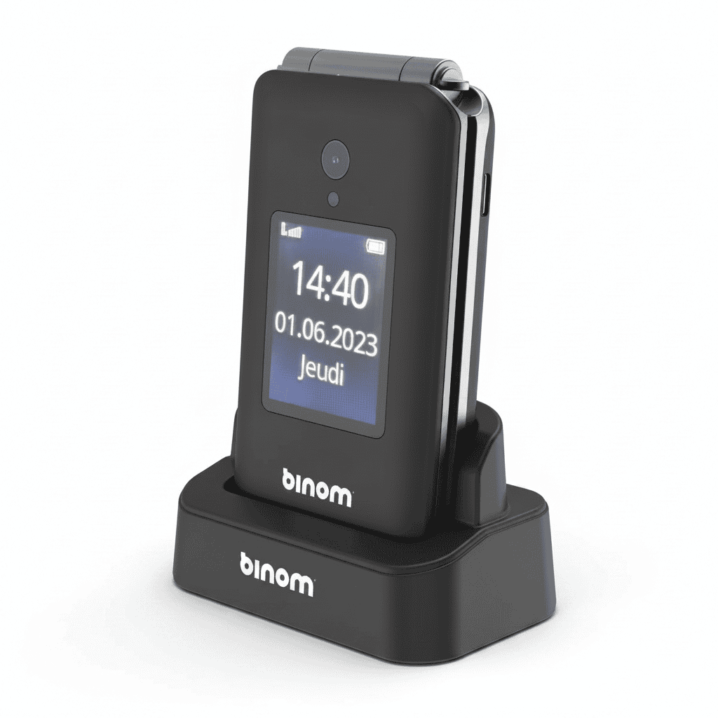 téléphone à clapet senior Binom X3 sur sa base de chargement